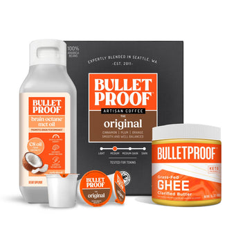Image: Bulletproof Coffee Kit (Pods) Packaging. Bulletproof Brain Octane MCT Oil, Bulletproof Original Coffee Pods, and Grass-fed ghee