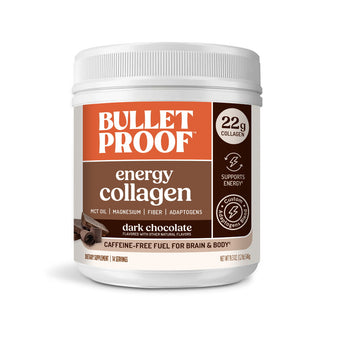 Image: Bulletproof chocolate energy collagen supplement container on a white background