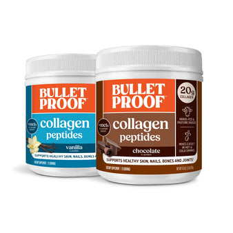Image: Bulletproof Collagen Peptides Variety 2-Pack packaging with Vanilla 17.6 oz and Chocolate 17.6 oz.