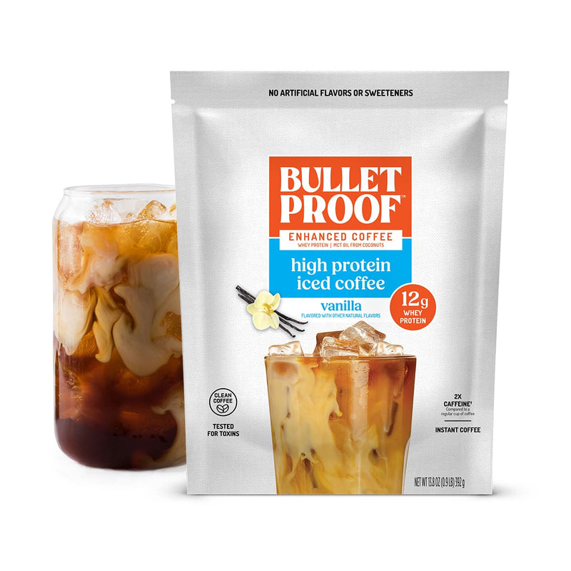 Bulletproof high protein iced coffee package with a glass of iced coffee on a white background
