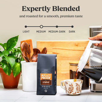 Infographic on bulletproof original coffee roast level. Expertly Blended and roasted for a smooth, premium taste. The original coffee is a medium roast. Package of the Bulletproof original ground coffee next to coffee being poured into a cup.