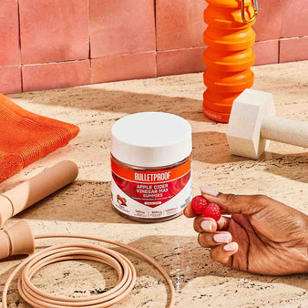 Bulletproof Apple Cider Vinegar Max Gummies, next to jump rope and hand weights