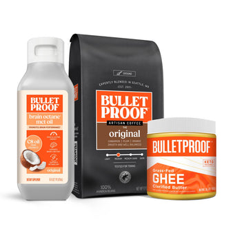 Image: Bulletproof Coffee Kit (ground coffee) Packaging. Bulletproof Brain Octane MCT Oil, Bulletproof Original Ground Coffee, and Grass-fed ghee