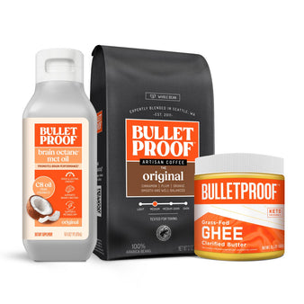 Image: Bulletproof Coffee Kit (whole bean coffee) Packaging. Bulletproof Brain Octane MCT Oil, Bulletproof Original Whole Bean Coffee, and Grass-fed ghee