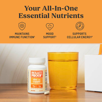 Your all-in-one essential nutrients. Maintains immune function, mood support, supports cellular energy. A container of bulletproof zinc with copper next to a cup of water.