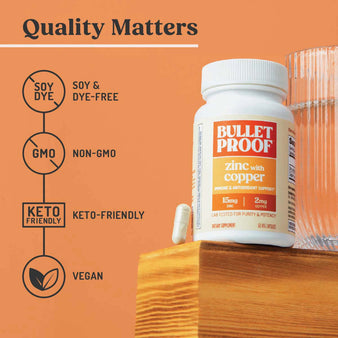Quality matters. Icons representing soy & dye-free, non-gmo, keto-friendly, and vegan. A bottle of Bulletproof zinc with copper next to a capsule.
