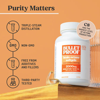 Bulletproof brain octane softgels bottle with features listed on an orange background