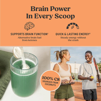 Bulletproof brain octane mct powder pouring into green drink + two friends playing tennis, brain powder in every scoop