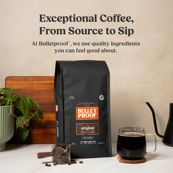 exceptional coffee, from source to sip. At Bulletproof™, we use quality ingredients you can feel good about. A bag of Bulletproof 5 lb original whole bean coffee next to a scoop of coffee beans and a cup of coffee.