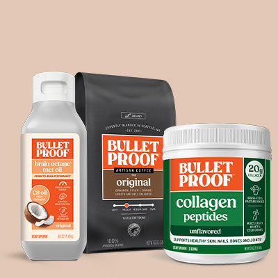 Three Bulletproof products including brain octane oil, coffee, and collagen peptides on a beige background.