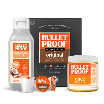 Image: Bulletproof products including mct oil, coffee pods, and ghee on a white background