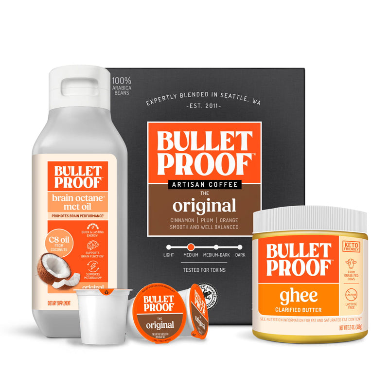 Bulletproof products including mct oil, coffee pods, and ghee on a white background