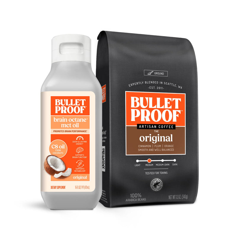 Bulletproof brain octane oil and coffee packaging on a white background