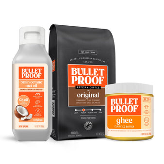 Image: Bulletproof products including mct oil, whole bean coffee, and ghee on a white background