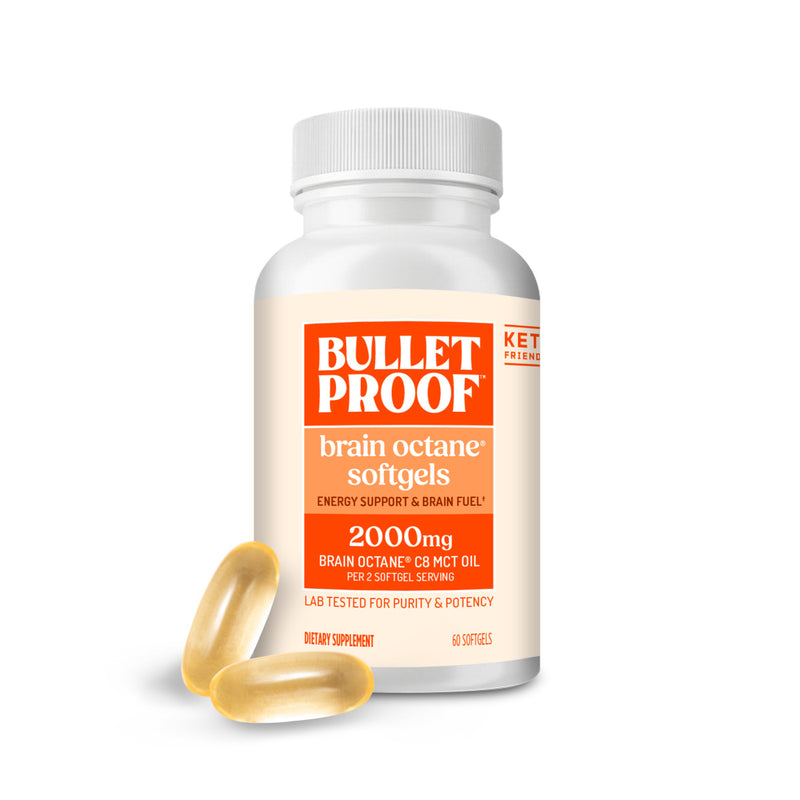 Bulletproof brain octane softgels bottle with two softgels on a white background
