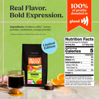 Bulletproof cardamom, orange & honey coffee bag next to nutrition facts