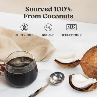 Infographic on MCT oil benefits. Sourced 100% from coconuts
gluten-free,non-gmo,keto-friendly. A cup of coffee with a spoon and coconut next to it.