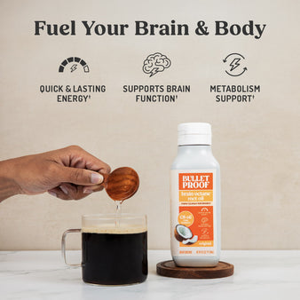 Infographic on MCT oil benefits.
Fuel your brain & body
quick & lasting energy, support brain function, metabolism support. A bottle of brain octane mct oil next to a glass of coffee that has a hand pouring in the oil.