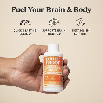 Infographic on MCT oil benefits.
Fuel your brain & body
quick & lasting energy, support brain function, metabolism support. A bottle of brain octane mct oil being held.