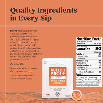 Bulletproof Coffee + Butter Pods Nutrition Facts. Quality Ingredients in Every Sip. A package of Bulletproof Coffee + Butter pods.