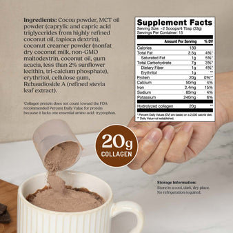 Bulletproof Chocolate Collagen Peptides 17.6 oz supplement facts. A scoop of chocolate collagen peptides being poured into a cup of coffee.