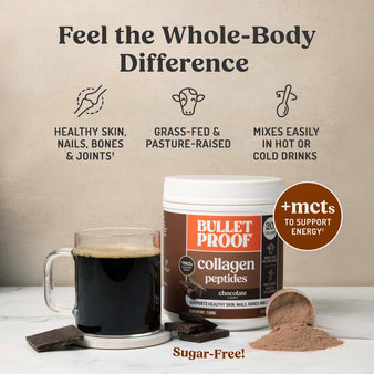 Infographic on Bulletproof chocolate collagen peptides benefits.
Feel the Whole-Body Difference.
Healthy skin, nails, bones, and joints. Grass-fed and pasture raised. Mixes easily in hot or cold drinks.
+mcts to support energy. Sugar-free!
A cup of Bulletproof coffee next to Bulletproof Chocolate Collagen Peptides package.