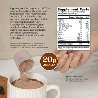 Bulletproof Chocolate Collagen Peptides 42.3 oz supplement facts. A scoop of chocolate collagen peptides being poured into a cup of coffee