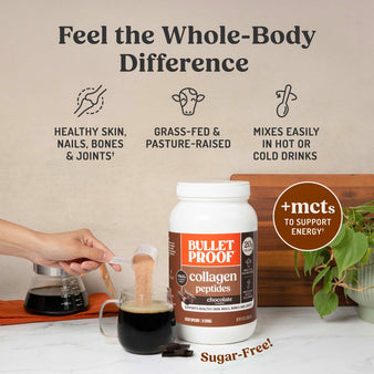 Infographic on Bulletproof chocolate collagen peptides benefits.
Feel the Whole-Body Difference.
Healthy skin, nails, bones, and joints. Grass-fed and pasture raised. Mixes easily in hot or cold drinks.
+mcts to support energy. Sugar-free!
A cup of Bulletproof coffee next to Bulletproof Chocolate Collagen Peptides package.