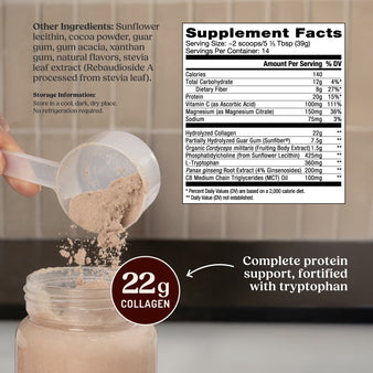 Supplement facts label and a hand holding a scoop of collagen over a coffee mug. 22g collagen. Complete protein support, fortified with tryptophan.
