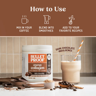 Bulletproof Energy Collagen Dark Chocolate container next to smoothie with banner reading ‘How to Use: Mix in your coffee, blend into smoothies, or add to your favorite recipes.