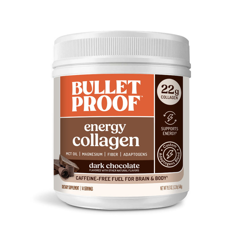 Bulletproof chocolate energy collagen supplement container on a white background