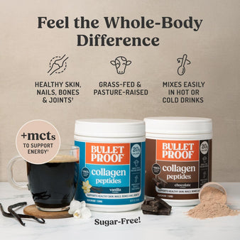 Infographic on Bulletproof vanilla and chocolate collagen peptides benefits.
Feel the Whole-Body Difference.
Healthy skin, nails, bones, and joints. Grass-fed and pasture raised. Mixes easily in hot or cold drinks. + mcts to support energy. Sugar-free!
Cup of Bulletproof coffee next to Bulletproof Vanilla and Chocolate Collagen Peptides packaging.