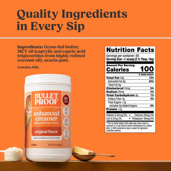 Bulletproof Original Creamer Nutrition Facts. Quality Ingredients in Every Sip. Bulletproof enhanced creamer container next to a scoop of the creamer and a slice of butter.