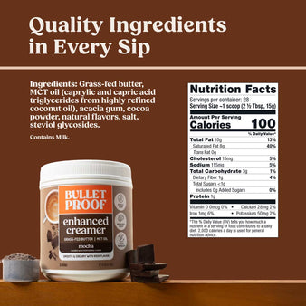 Bulletproof Mocha Creamer Nutrition Facts. Quality Ingredients in Every Sip. Bulletproof Mocha creamer container with a scoop of the creamer next to  it and some chocolate.