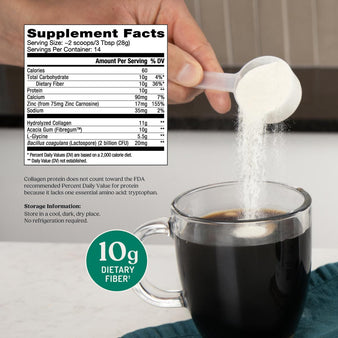 Bulletproof Gut Health Collagen Unflavored Supplement Facts. A scoop of gut health collagen being poured into a cup of coffee.