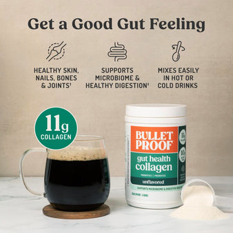 Infographic on Bulletproof Gut Health Collagen benefits. 
Get a Good Gut Feeling. Healthy skin, nails, bones, and joints. Supports microbiome and healthy digestion. Mixes easily in hot or cold drinks. 11g collagen.
A cup of coffee next to Bulletproof Gut Health Collagen packaging.