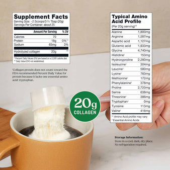 Bulletproof unflavored collagen peptides supplement facts. Scoop of collagen peptides being poured into a cup of coffee.