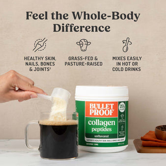 Infographic on Bulletproof unflavored collagen peptides benefits.
Feel the Whole-Body Difference.
Healthy skin, nails, bones, and joints. Grass-fed and pasture raised. Mixes easily in hot or cold drinks.
A hand pouring a scoop of collagen peptides into a cup of coffee.