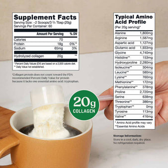 Bulletproof unflavored collagen peptides supplement facts. A scoop of collagen peptides being poured into a cup of coffee.