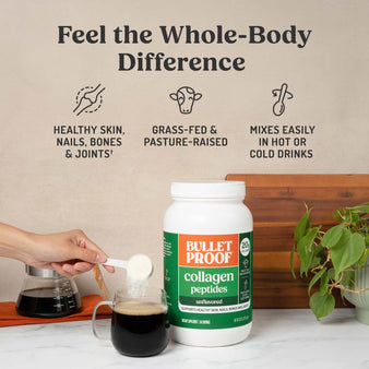 Infographic on Bulletproof unflavored collagen peptides benefits.
Feel the Whole-Body Difference.
Healthy skin, nails, bones, and joints. Grass-fed and pasture raised. Mixes easily in hot or cold drinks.
A hand pouring a scoop of collagen peptides into a cup of coffee.