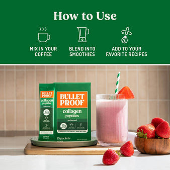 Infographic on how to use collagen peptides.
How to use. Mix in your coffee. Blend into smoothies. Add to your favorite recipes.
Package of collagen peptides  packets on a kitchen counter next to strawberries and a fruit smoothie.