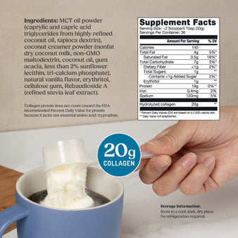 Bulletproof Vanilla Collagen Peptide 42.3 oz Supplement Facts. A scoop of collagen peptides being poured into a cup of coffee.