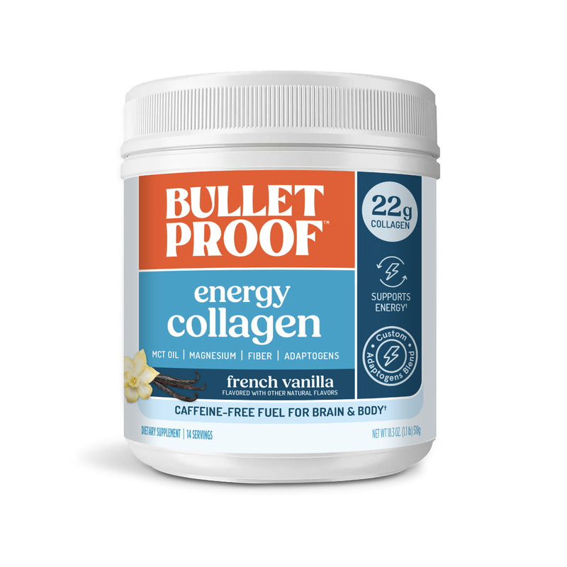 Bulletproof vanilla energy collagen supplement container on a white background
