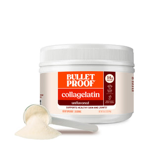 Image: Bulletproof collagen powder container with a scoop of powder on a white background