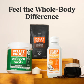 Bulletproof products including collagen peptides, coffee, and brain octane mct oil on a wooden surface with a beige background.
