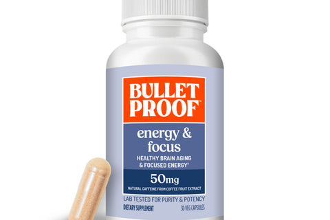 Bulletproof energy and focus supplement bottle and 1 capsule