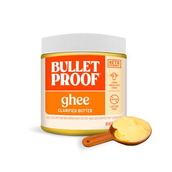 Image: Jar of Bulletproof ghee with a wooden spoonful of ghee on a white background