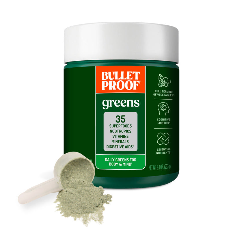 Green jar of Bulletproof Greens with a scoop of powder on a white background