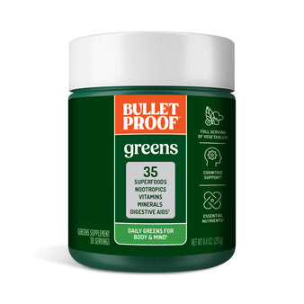 Image: Green jar of Bulletproof Greens supplement with white lid on a white background