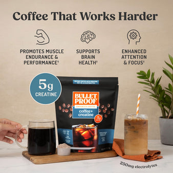 Coffee that works harder. Icons that portray the benefits of the coffee. Promotes muscle endurance & performance. Supports brain health. Enhanced attention & focus. 5 grams of creatine. 250 mg of electrolytes. A bag of coffee + creatine next to 2 glasses with the coffee and a scoop of the coffee powder next to it.